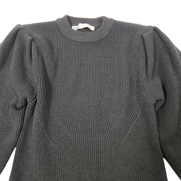 Zara Baloon Puff Sleeve Ribbed Crewneck Jet Black Sweater - Picture 9 of 13